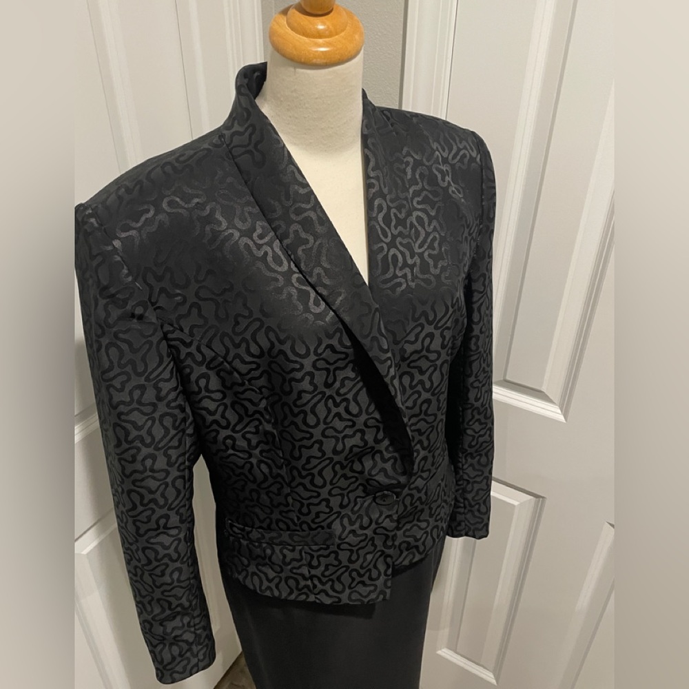 Vintage 80s Counterparts Black Satin Jacquard Evening Jacket Shawl Collar 8 - Picture 10 of 11
